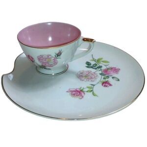 Vintage ESD Japan Made Hand Painted Floral Rose Pink Snack Plate & Teacup